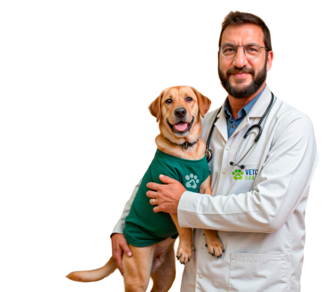 Veterinário da VetCenter de jaleco segurando um cachorro
